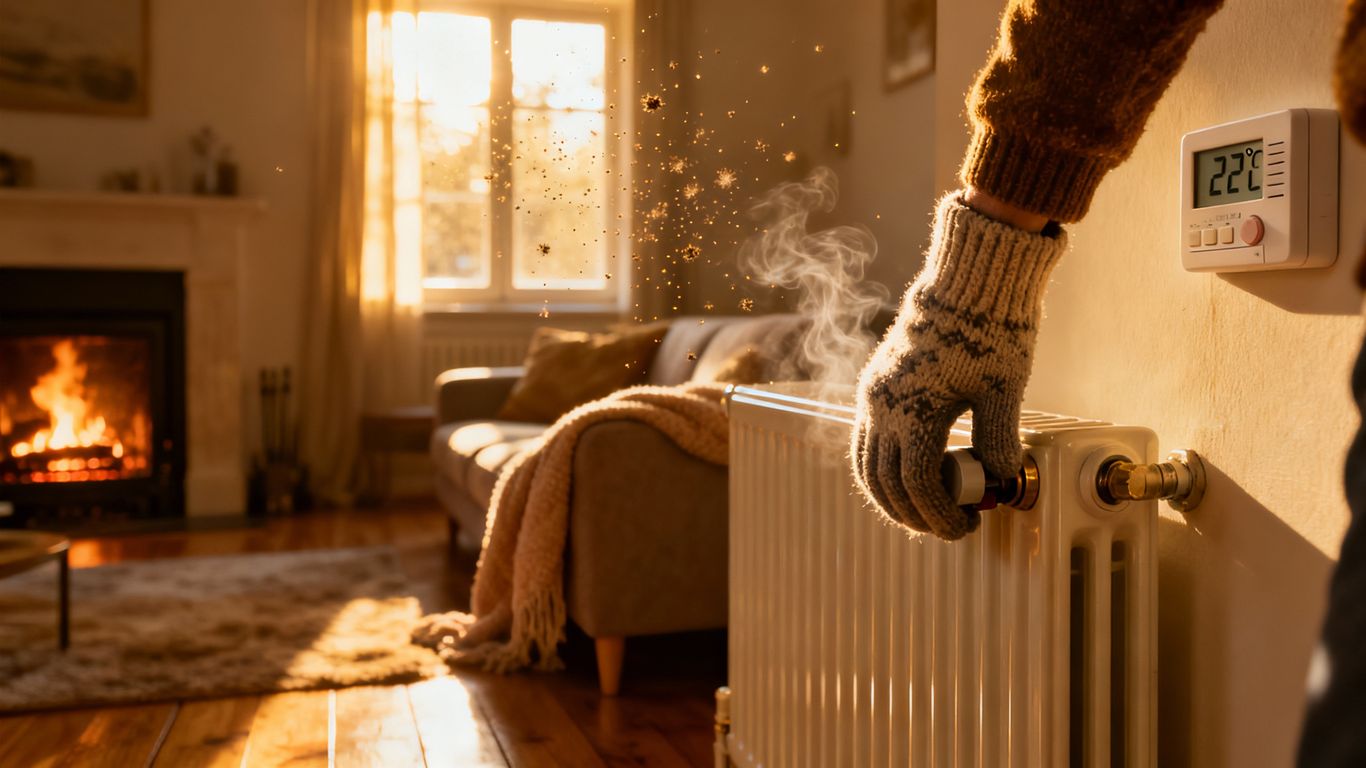 Cozy living room with fireplace and sunlight.