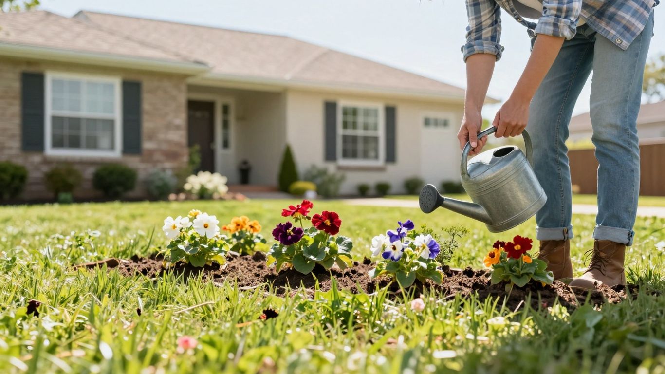 Home exterior with garden in spring bloom.