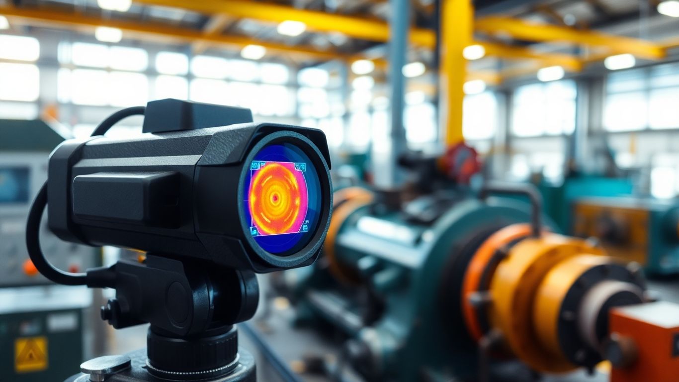 Thermal camera inspecting factory machinery for maintenance.