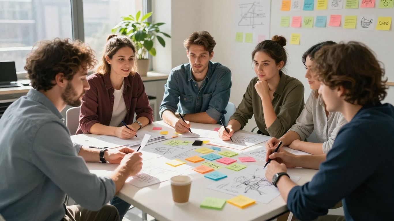 Team brainstormt met post-its en schetsen aan tafel.