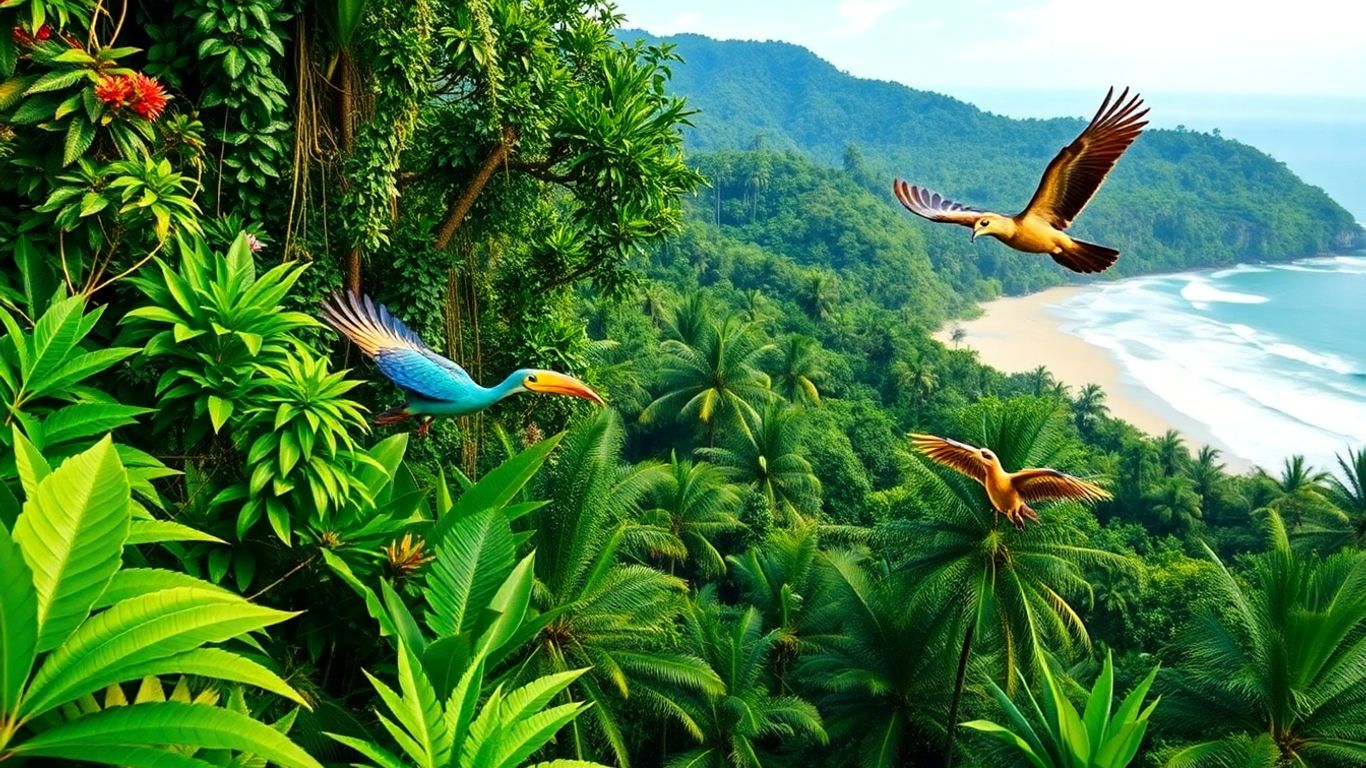 Lush Costa Rican rainforest with exotic wildlife.