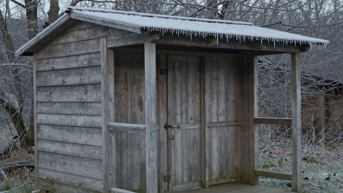Storage shed with frost and icicles in winter.