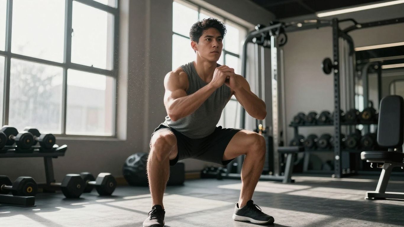 Beginner performing a squat in a gym.