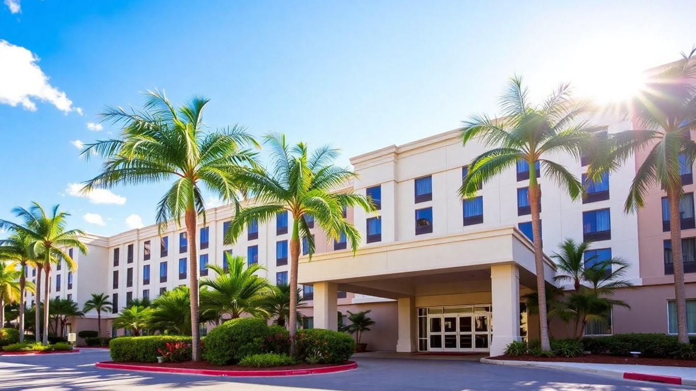 Hampton Inn & Suites Miami/Aventura exterior with palm trees.