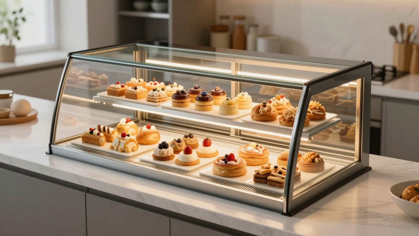Heated display case filled with tempting food items.