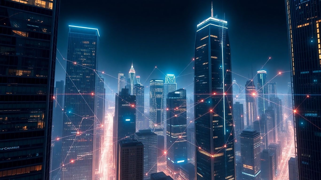 Futuristic cityscape with glowing digital connections.