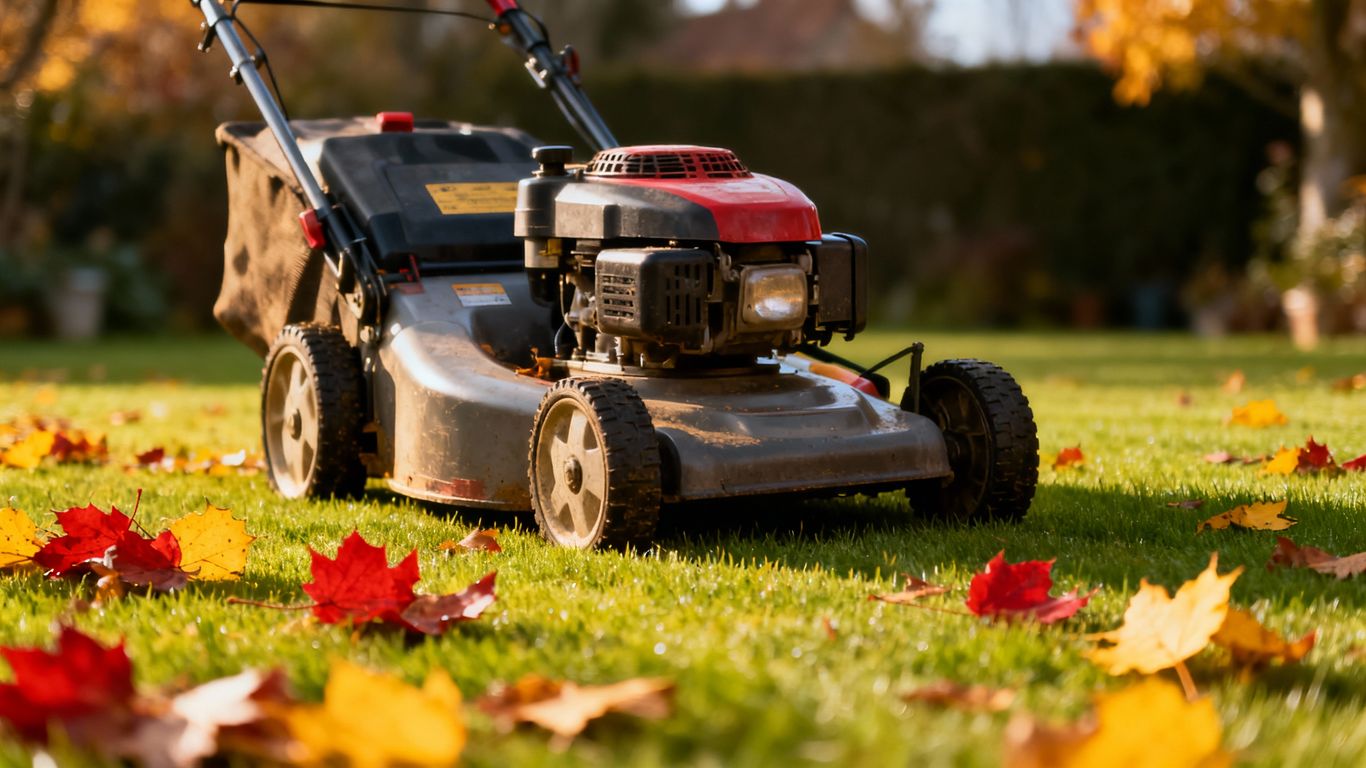 Lawnmower on a lawn with autumn leaves.