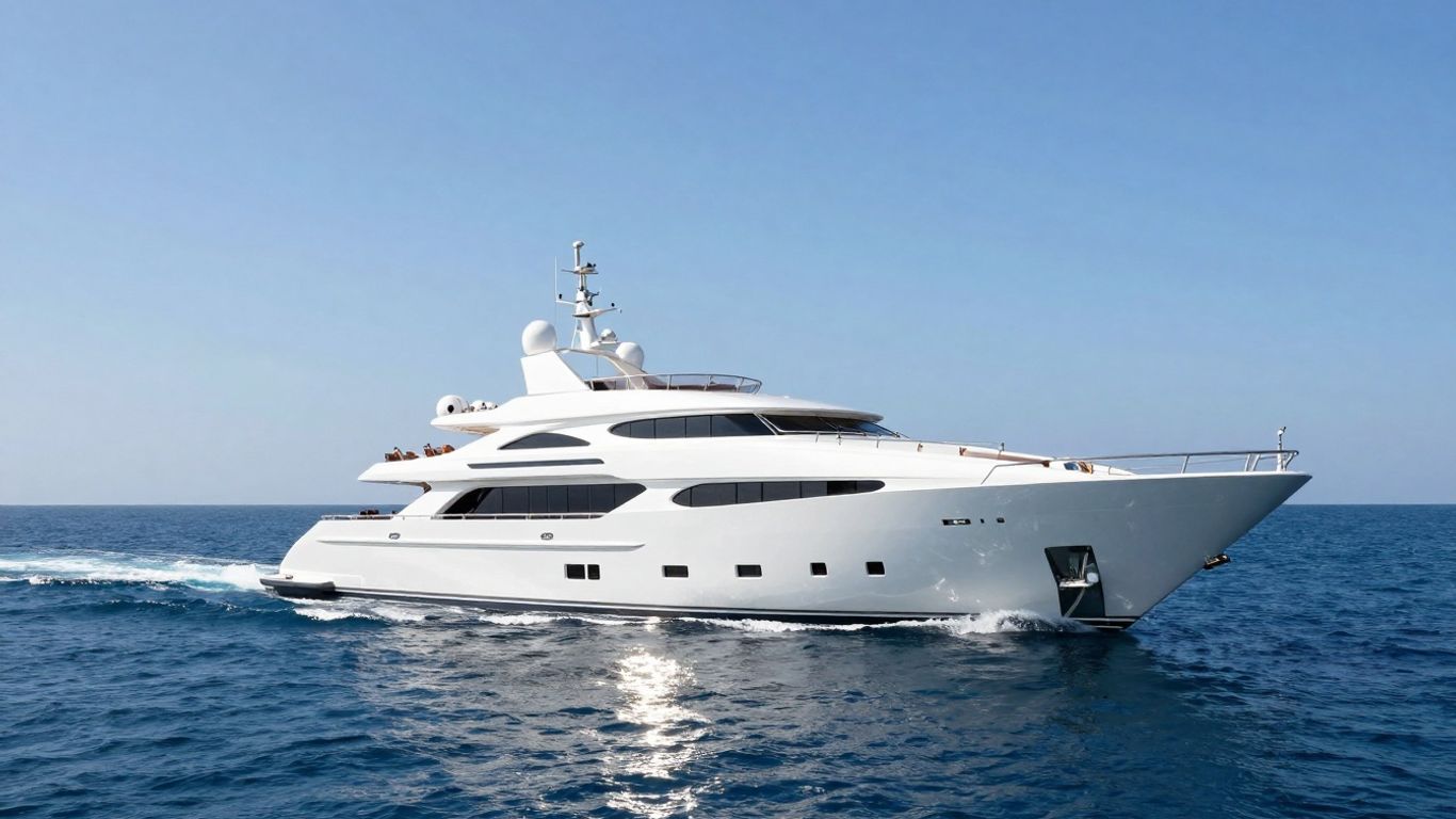 Massive luxury yacht sailing on a clear blue ocean.