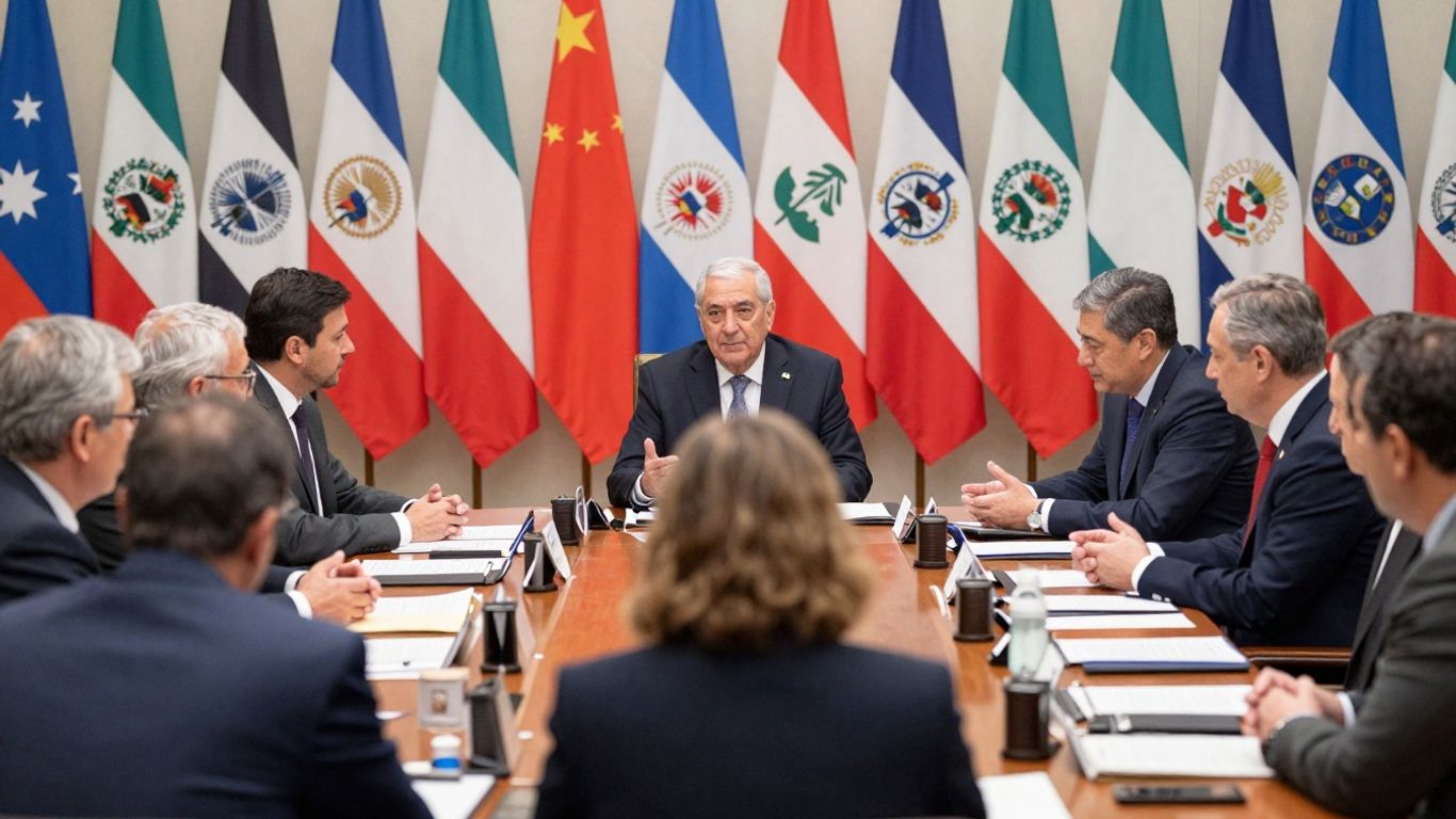 Lideri mondiali discutând la o masă globală.