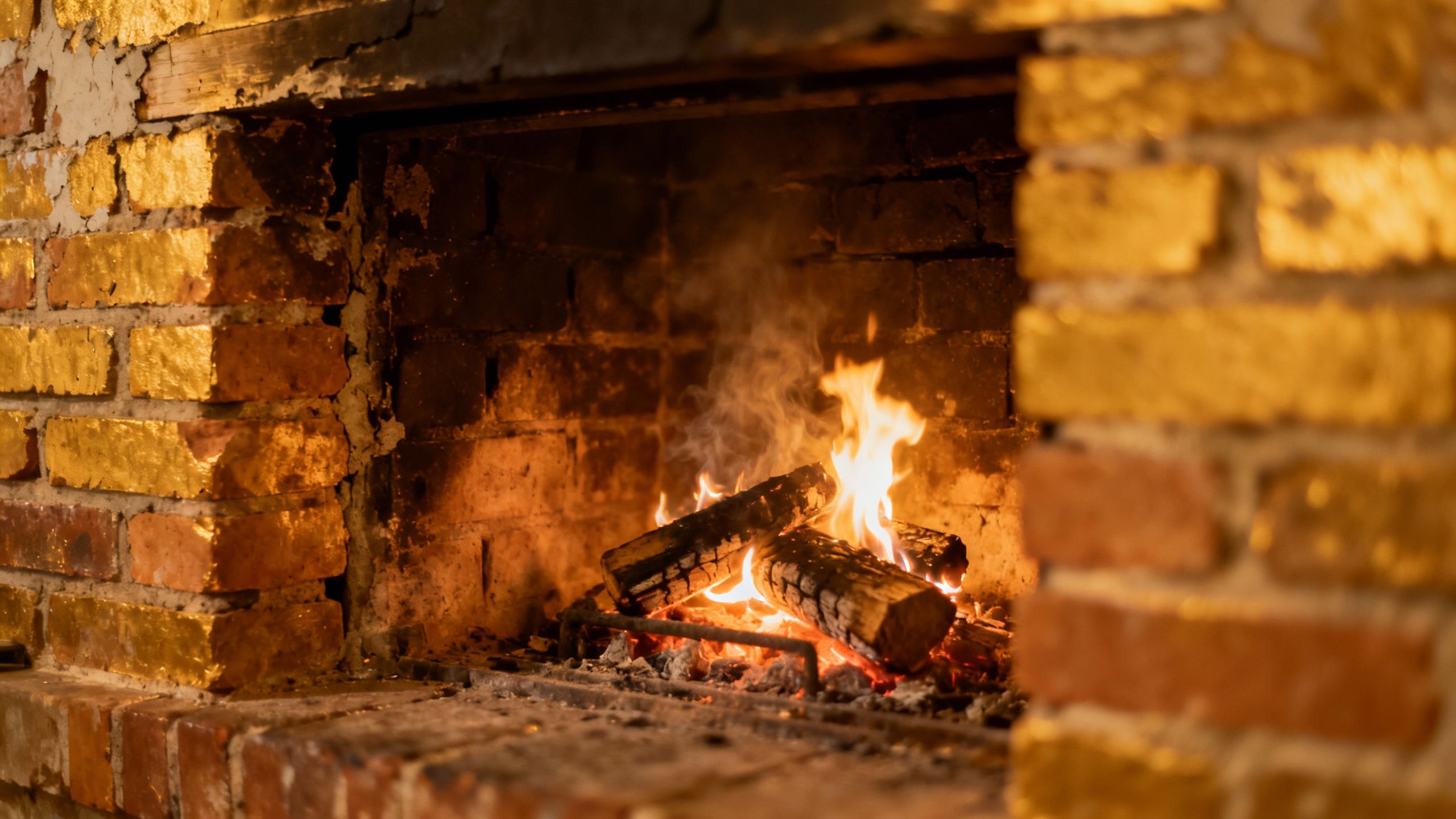 Warm fire burning inside a clean brick fireplace.