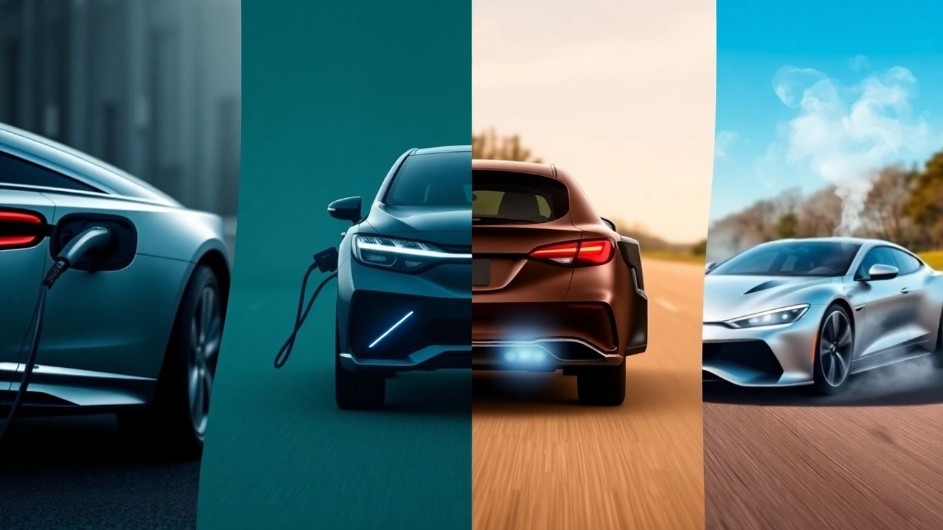 Voitures électriques, hybrides, thermiques et à hydrogène côte à côte.