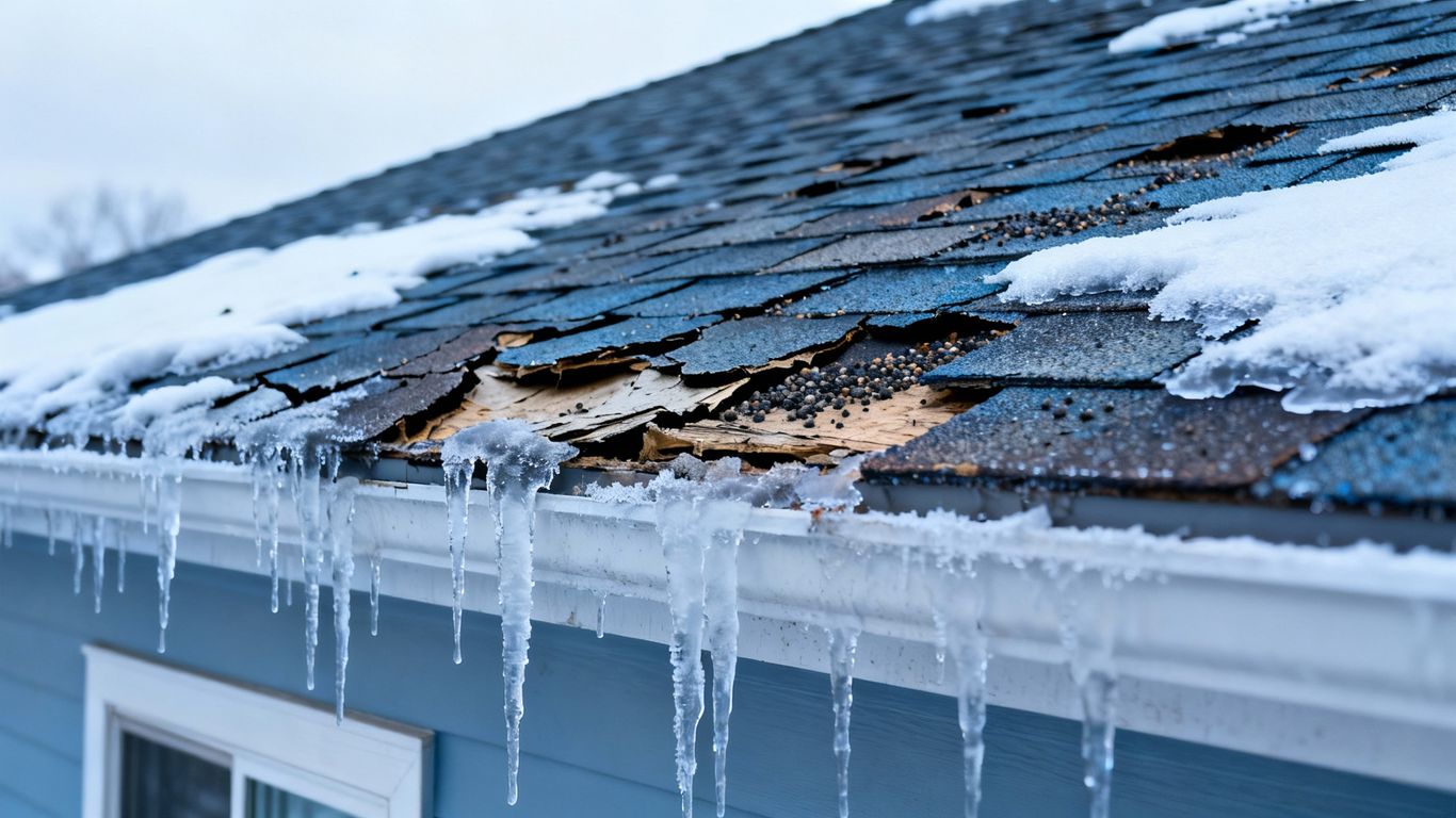 Damaged residential roof with icicles and snow in winter.
