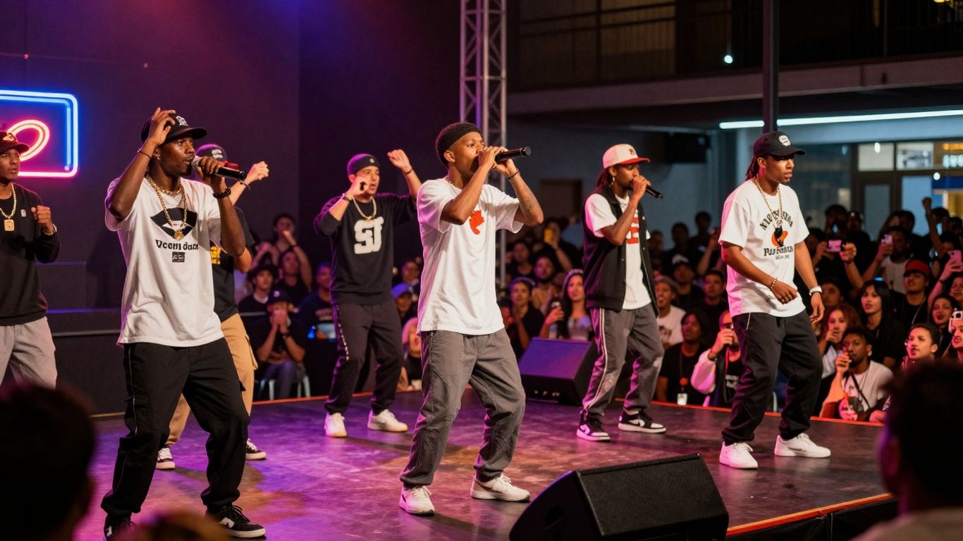 Global hip-hop artists performing on illuminated stages.