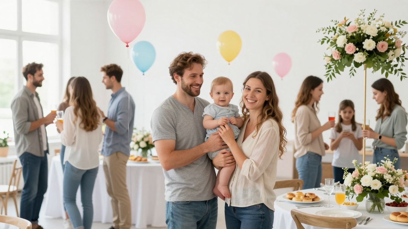 Parents and baby at a baby shower venue.
