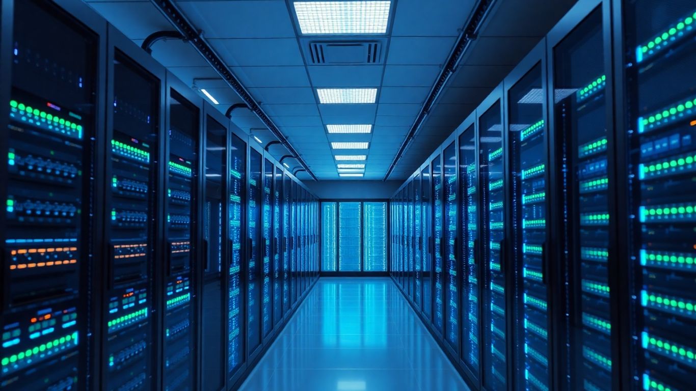Nvidia data centre with glowing server racks.