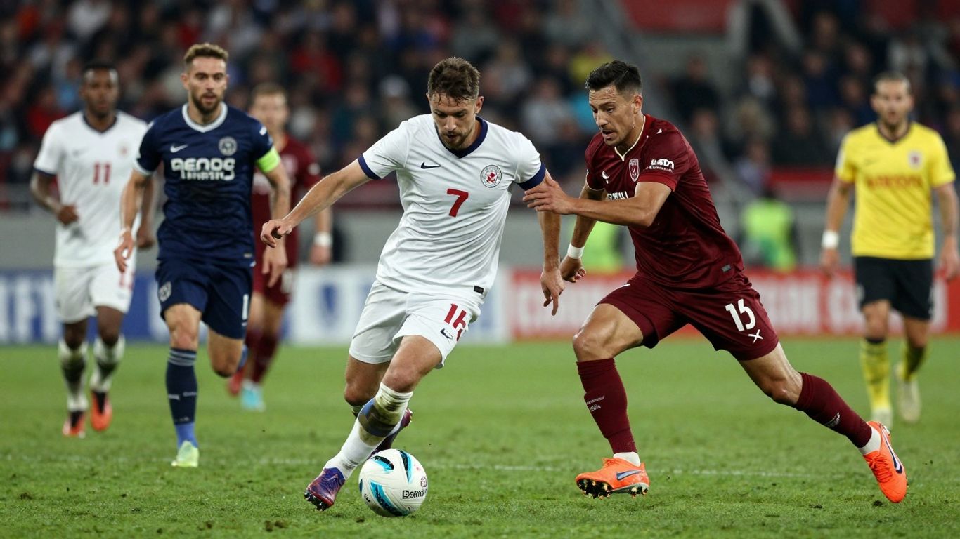 Football players in action on a stadium pitch.