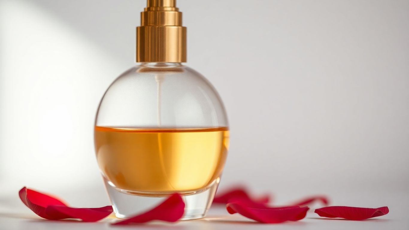 Elegant glass perfume bottle with rose petals.
