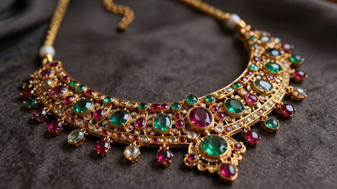 Close-up of a traditional Kundan necklace with gemstones.