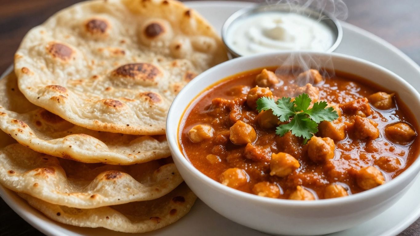 Indian breakfast paratha and chickpea curry with yogurt.