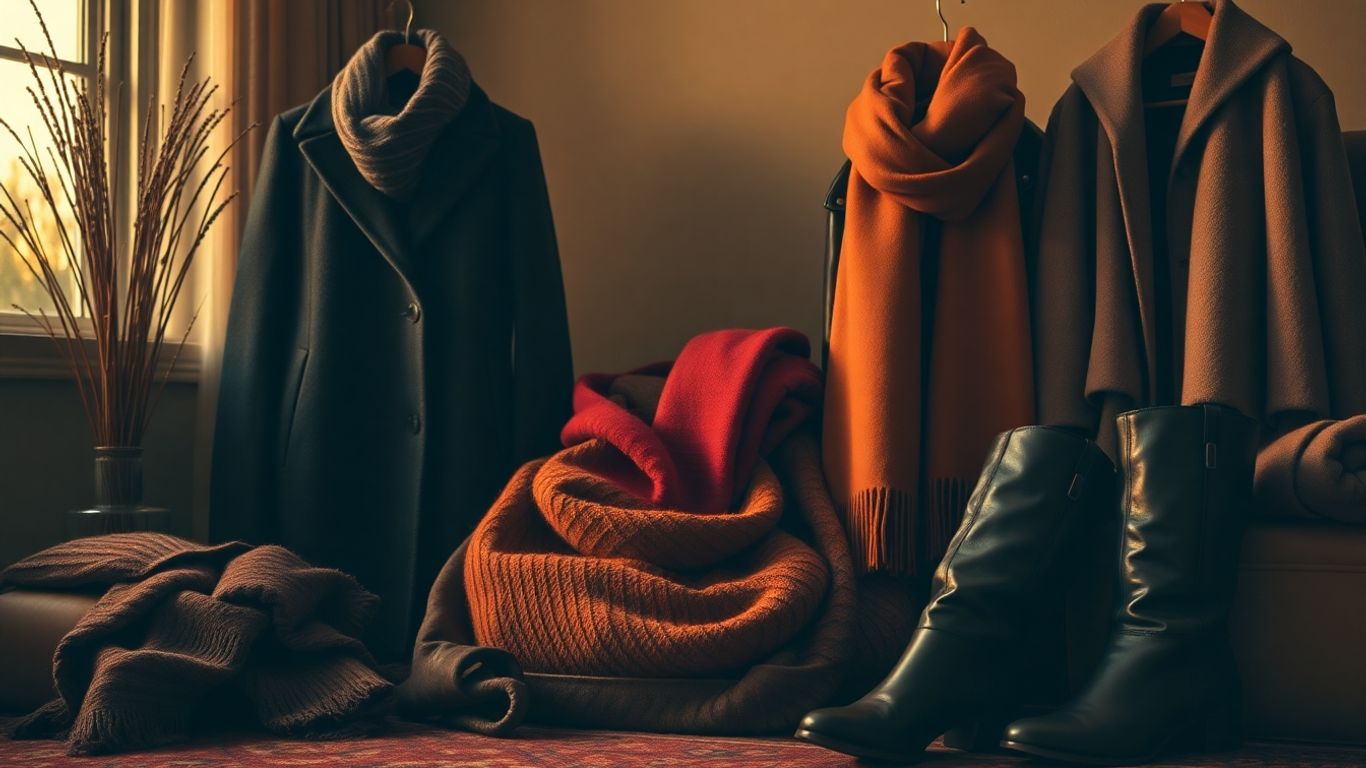 Autumn fashion collection with luxurious textures and warm lighting.