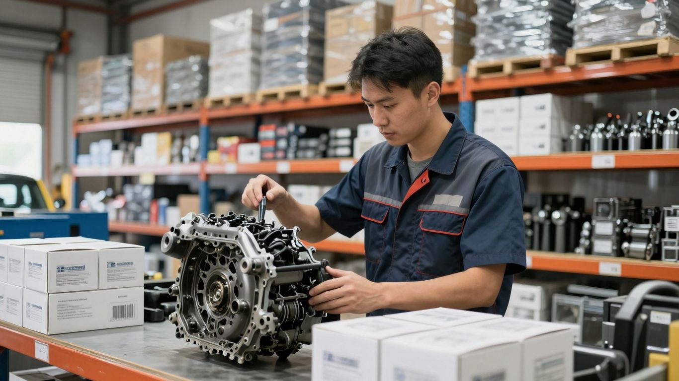 Auto parts warehouse with mechanic inspecting engine part.
