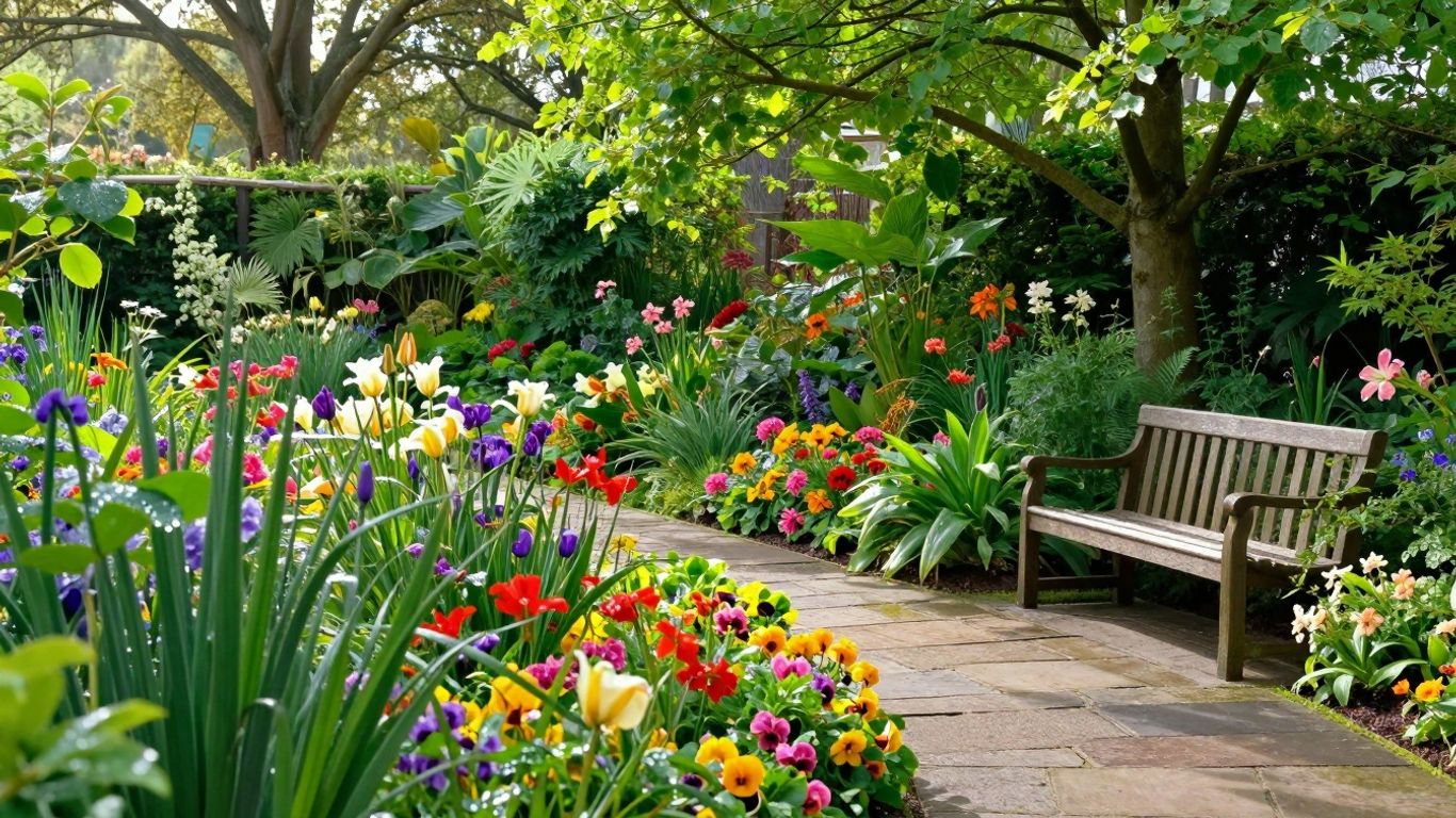 Kleurrijke bloemen en groene paden in een open tuin.