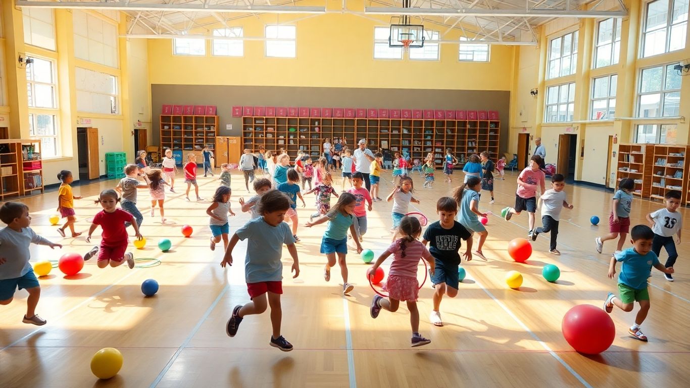 Kinder spielen mit bunten Sportgeräten in einer Turnhalle.