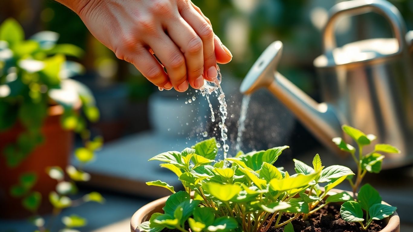 Gardener watering a healthy, thriving plant.