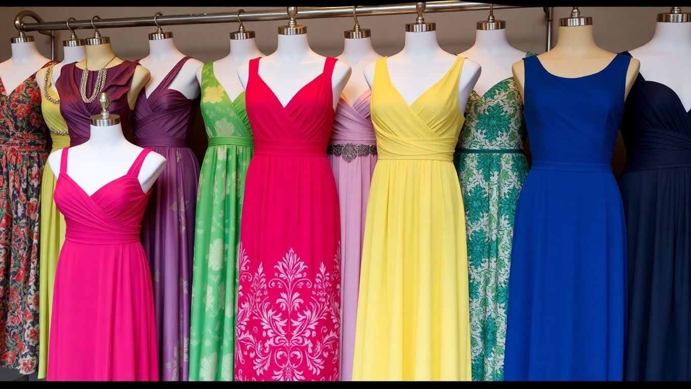 Assortment of colorful women's dresses for various occasions.