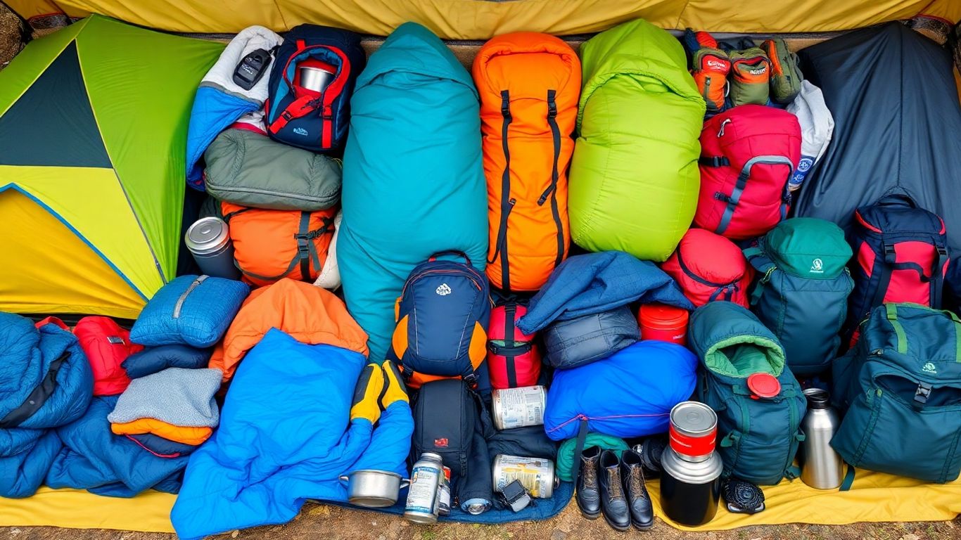 Assorted camping gear laid out for outdoor adventures.