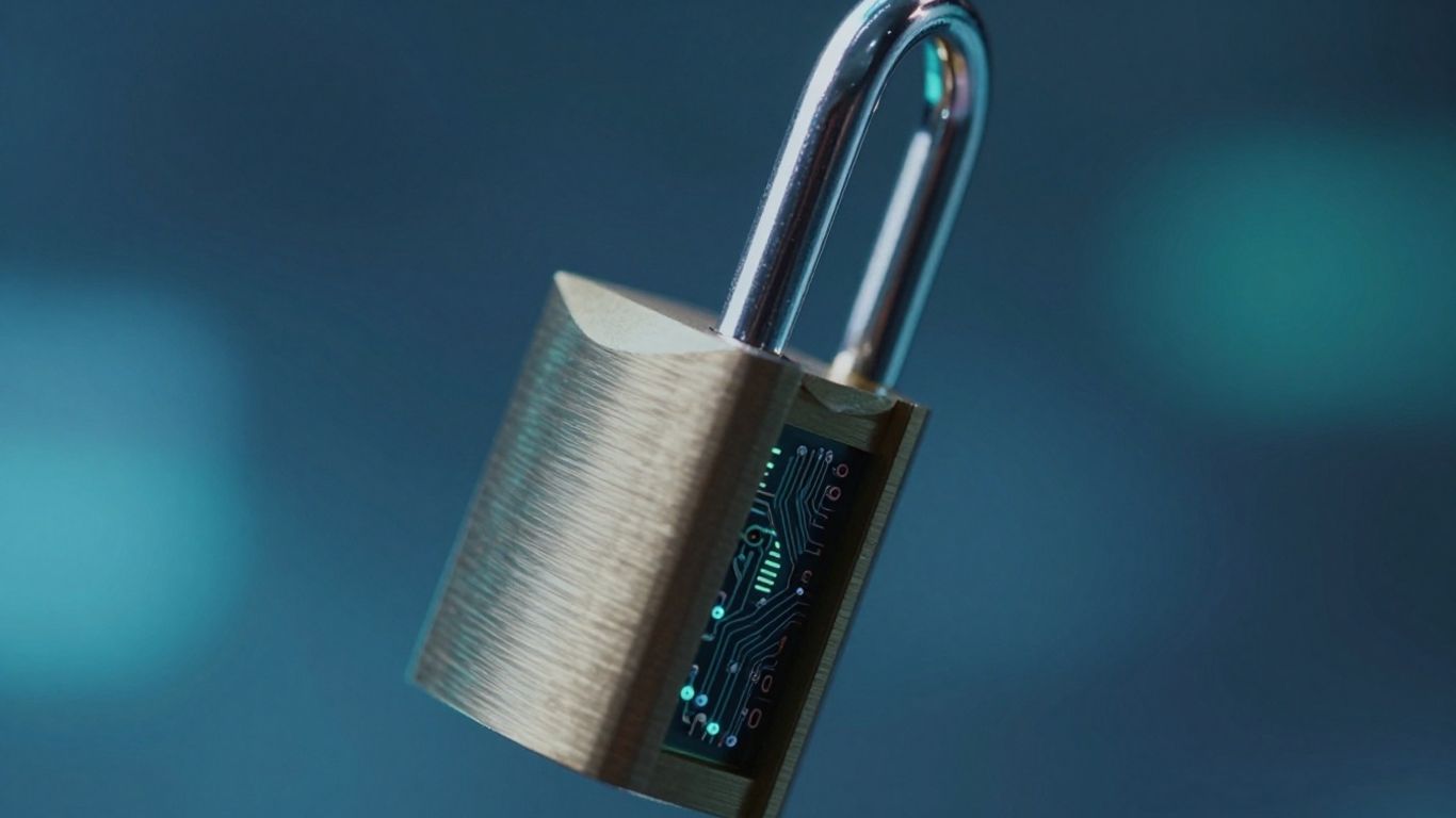 Digital padlock with circuitry, secure password manager concept.