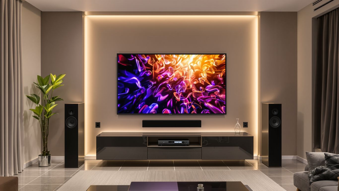Modern living room with integrated audio visual equipment.