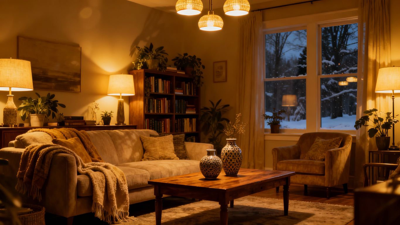 Warm light fills a cozy living room on a winter evening.