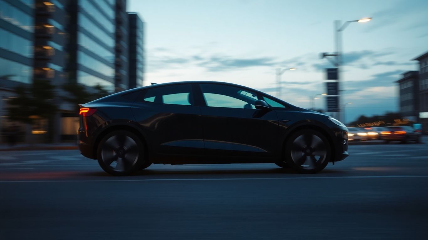Futuristic Tesla robotaxi driving on a city street.