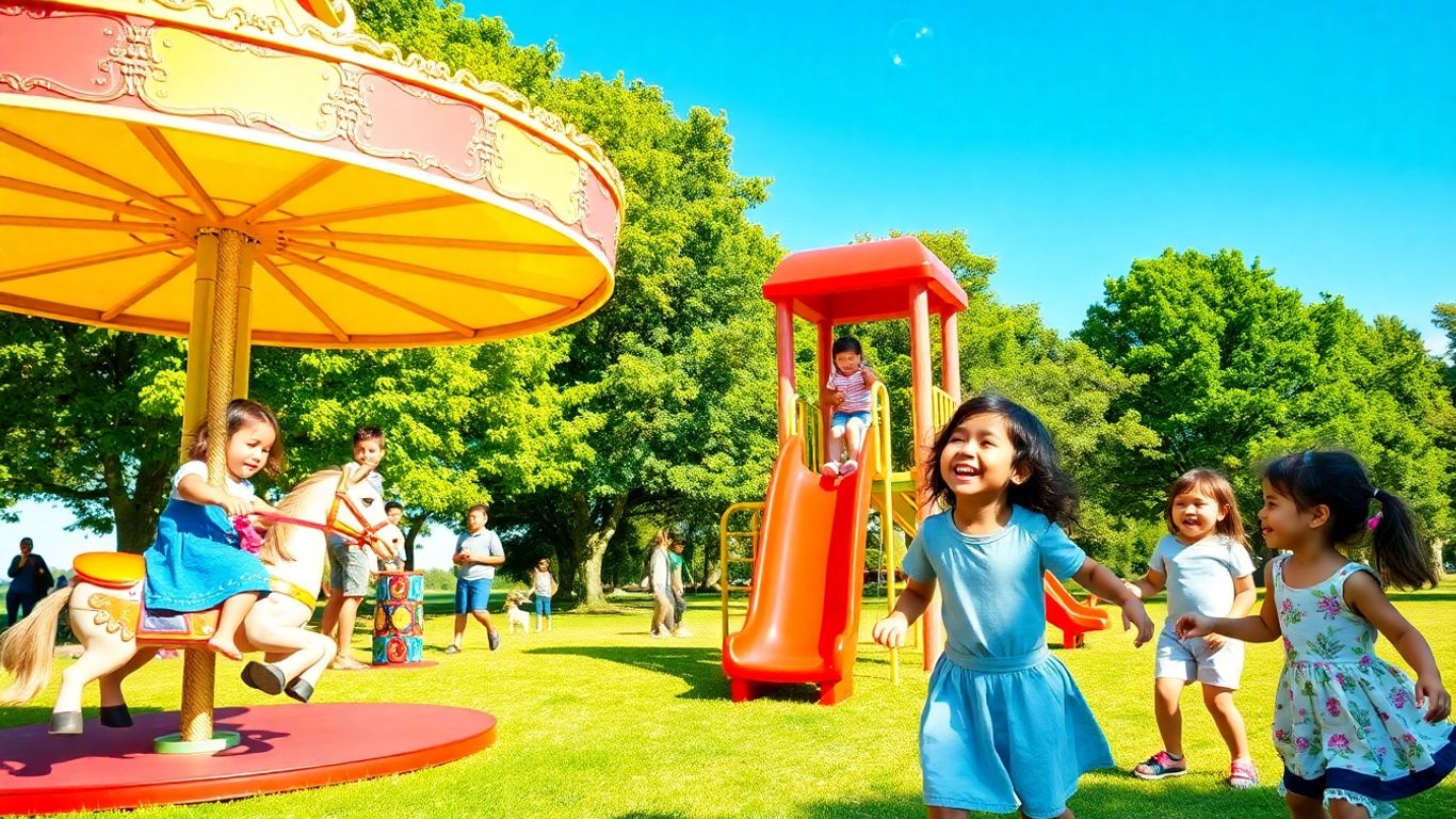 Crianças felizes brincando em um parque ensolarado.