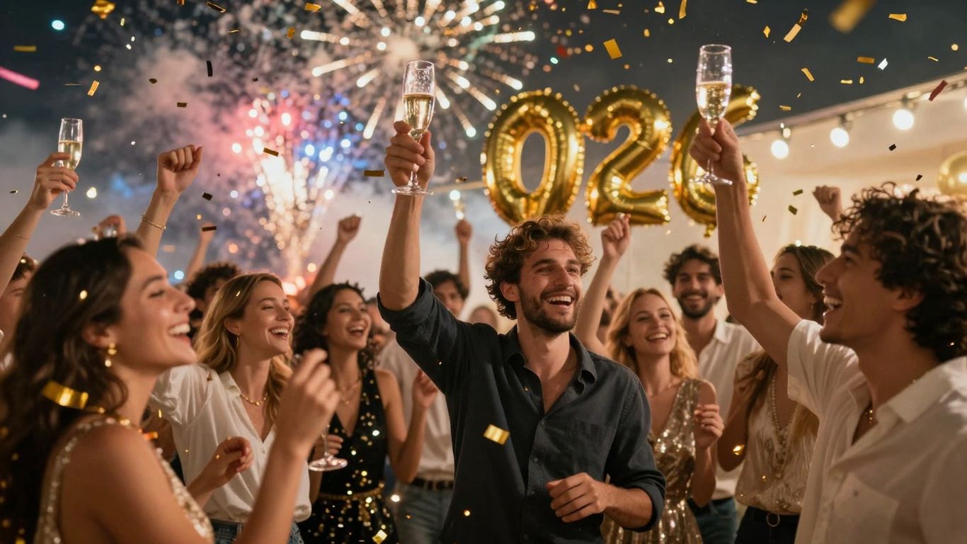 Feestende menigte met confetti en vuurwerk bij TIK TAK New Years Eve.