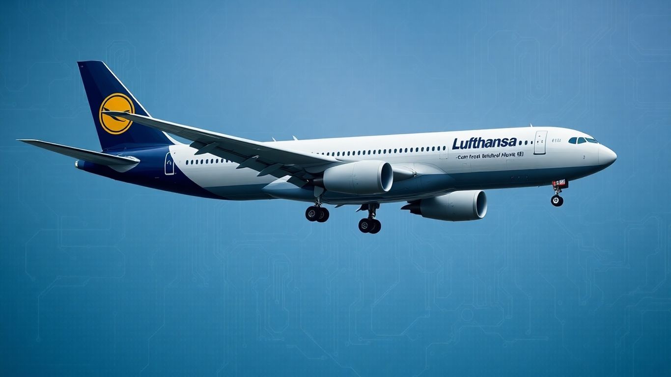 Lufthansa plane with robotic arms, digital background.