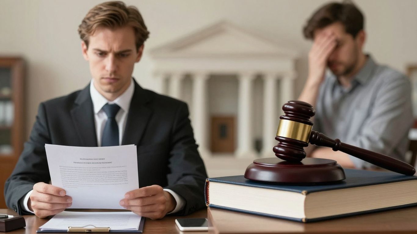 Landlord and tenant in legal dispute, gavel and courthouse.