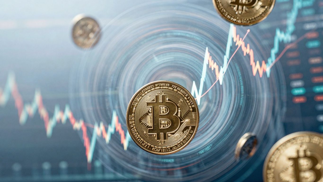 Cryptocurrency coins with sharp upward and downward movement lines.