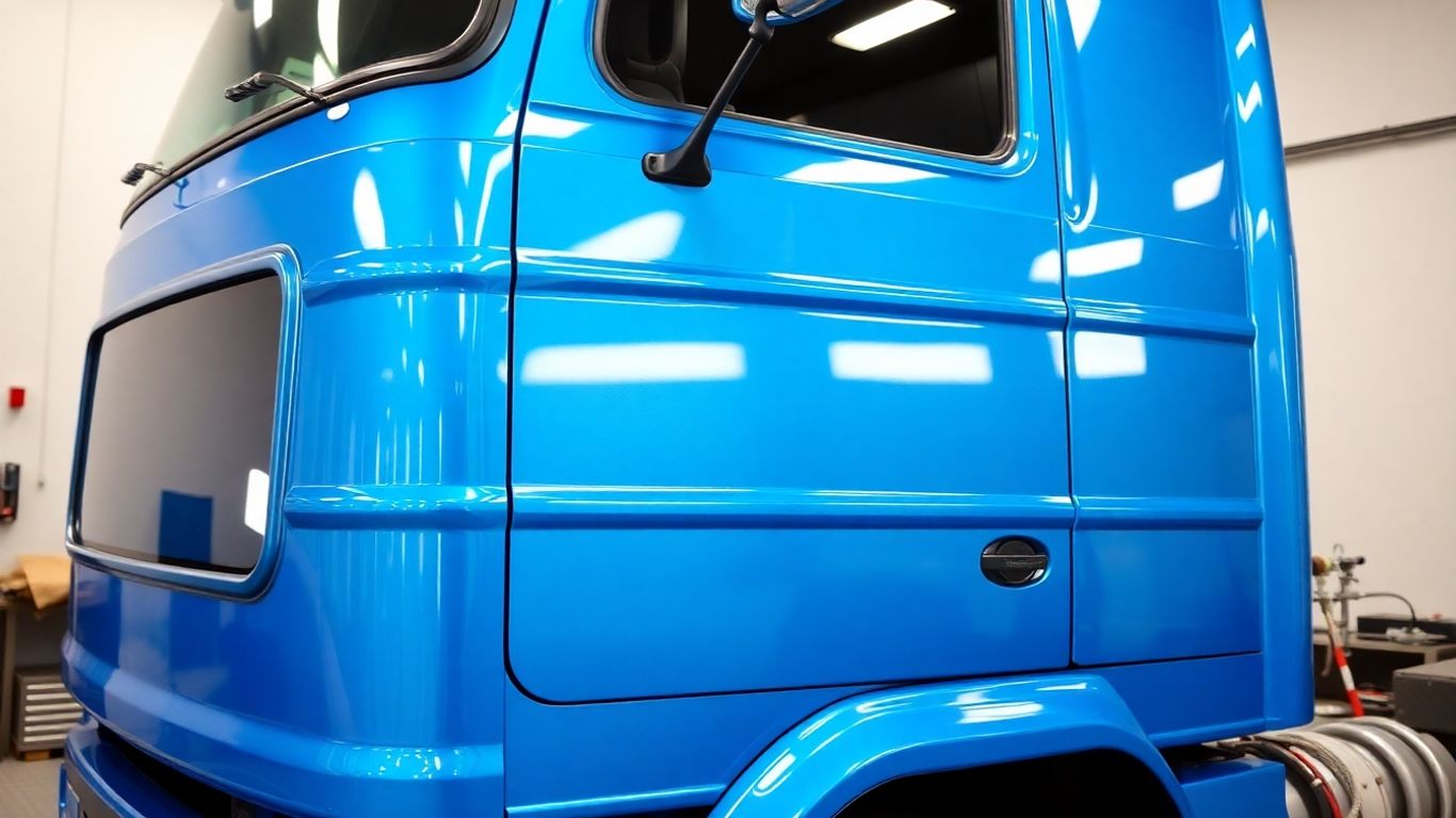 Caminhão com cabine recém-pintada em oficina profissional.