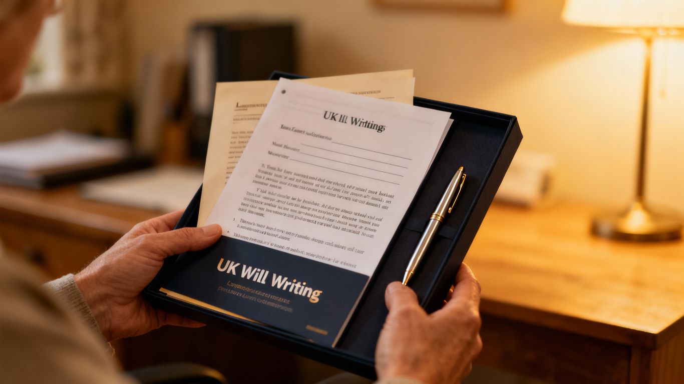 Hands holding a UK will writing kit with documents.
