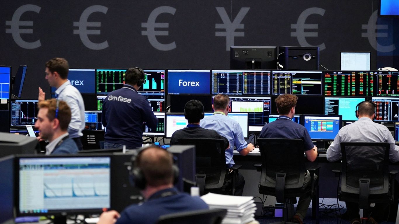 Forex trading floor with active traders and currency symbols.