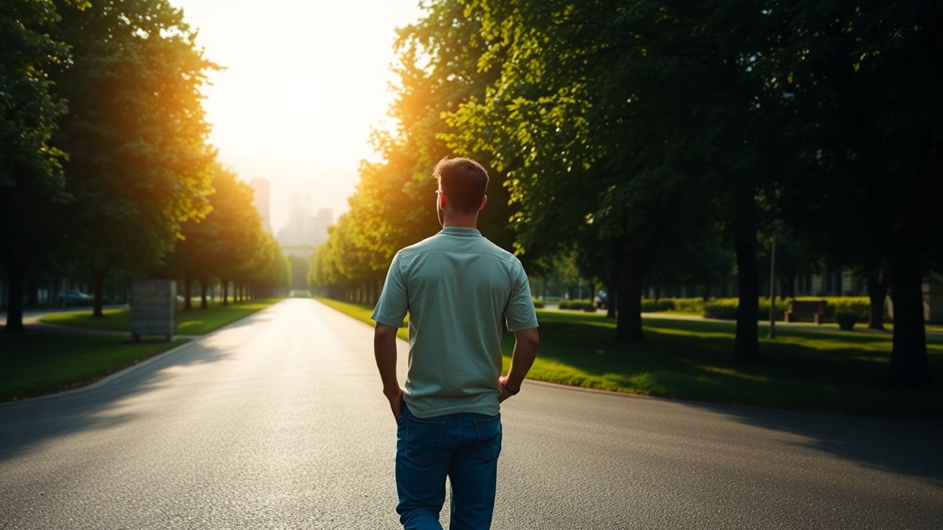 Person at crossroads looking towards city skyline.