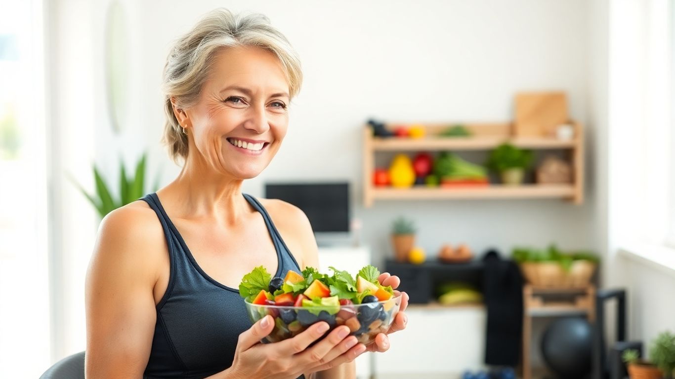Nutrição feminina após os 40: como ajustar sua alimentação para manter a forma 3 Mulher de meia-idade comendo salada após exercícios físicos.