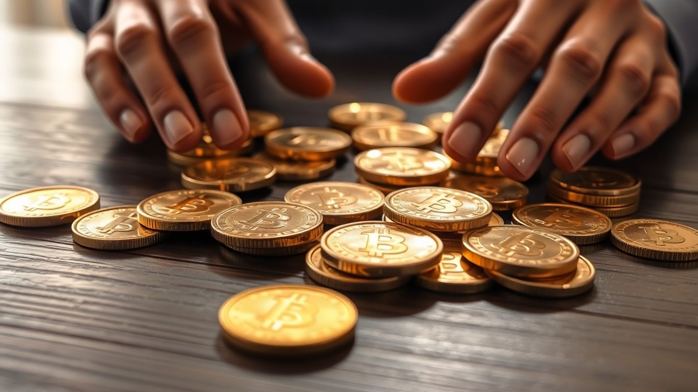 Hands handling gold coins on wooden table