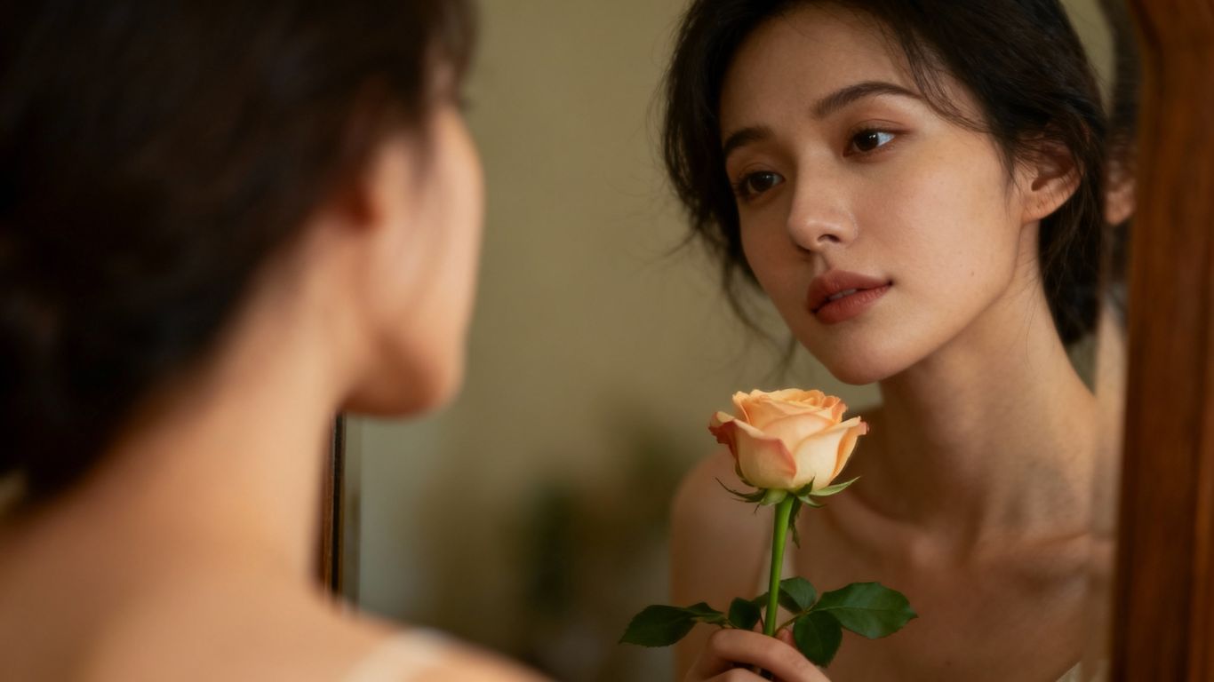Woman looking at reflection, holding a rose.