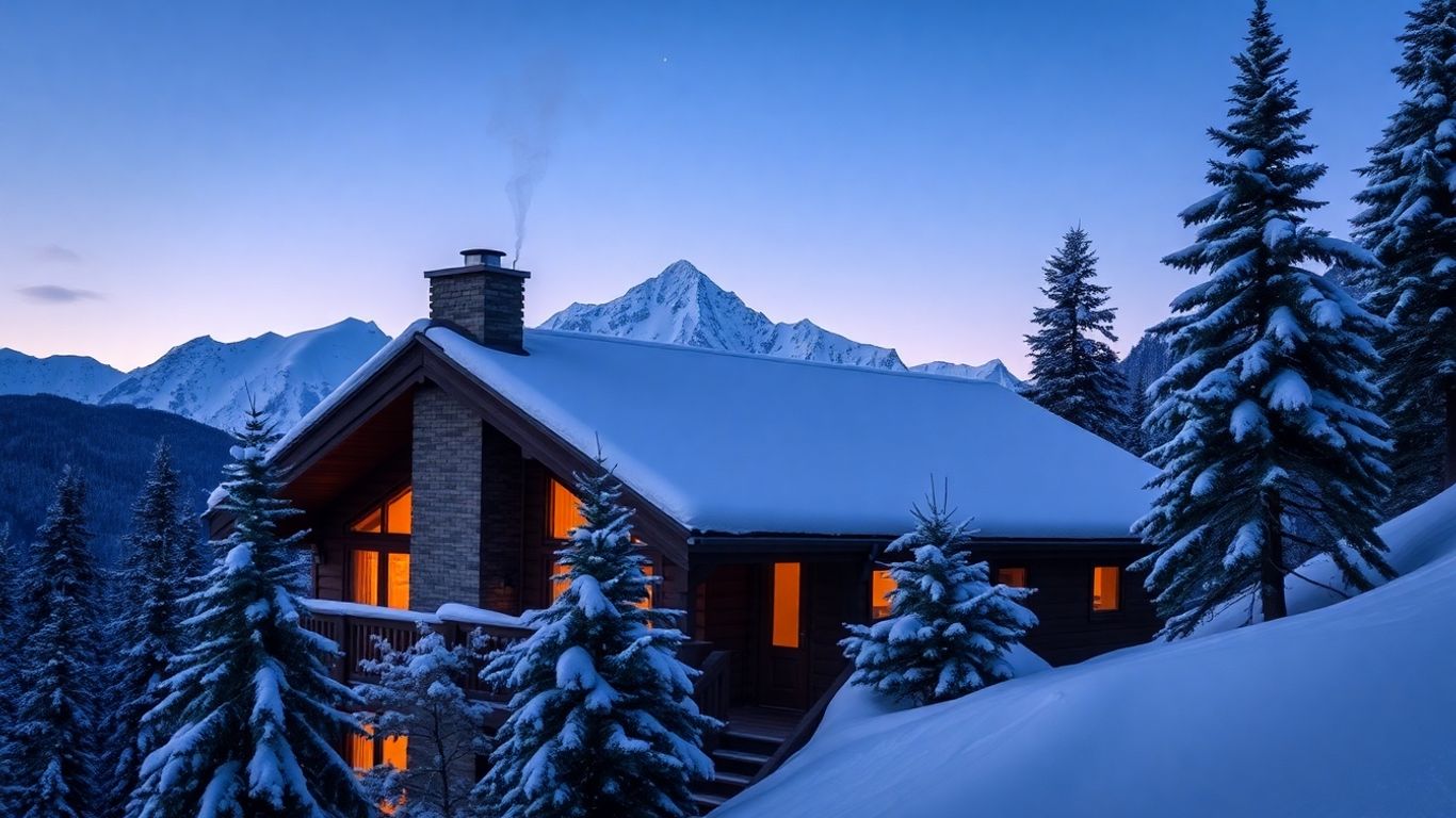Famille fêtant Noël dans un chalet de montagne enneigé.