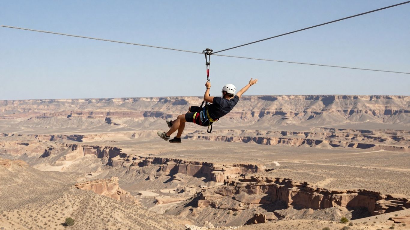 Person zip lining over a desert canyon.