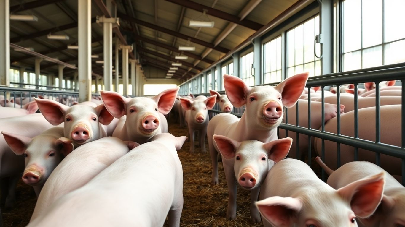 Modern swine farm with healthy pigs in a clean barn.