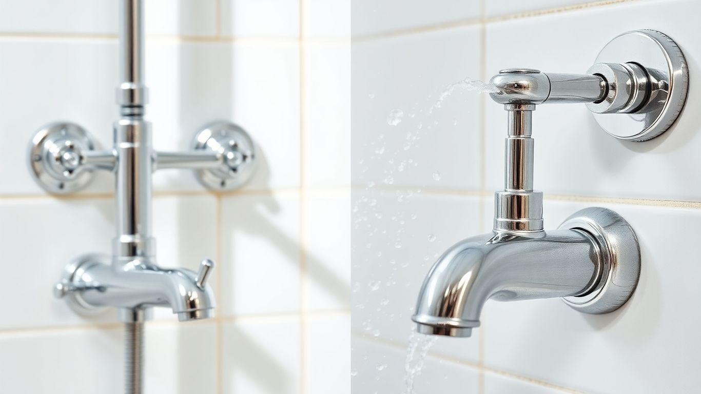 Hard water limescale on bathroom faucets and showerhead.